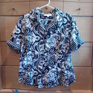 2/$15 - Jones New York Flower & Gingham black and white blouse - XL